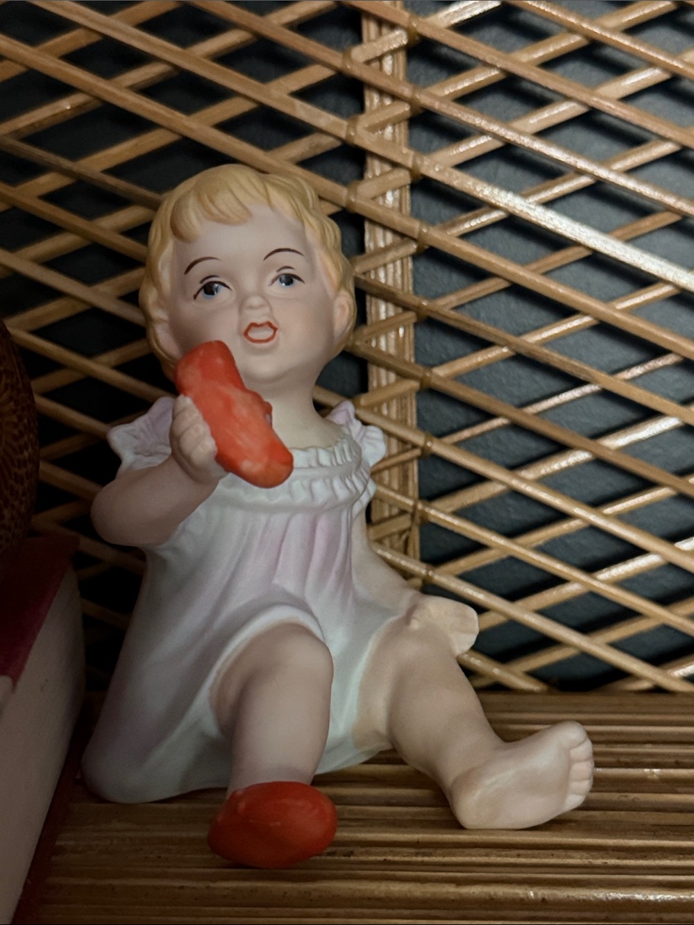 Homco - Piano Baby - Vintage Bisque Porcelain Figurine - White - Pink - Red Shoe